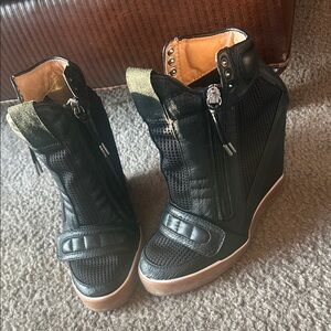 L.A.M.B Pamela Mesh Wedge black leather sneakers